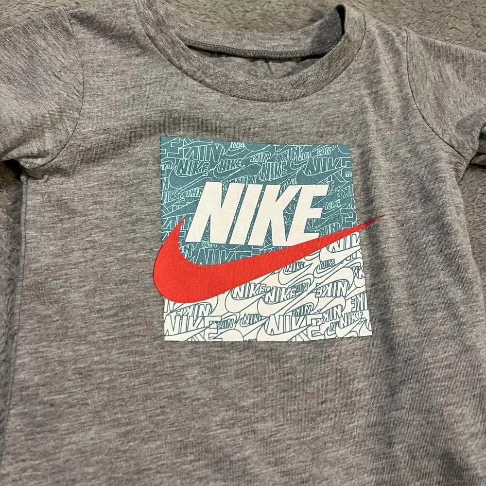 Nike Shirt Tee Baby 12M Gray Box Logo Red Swoosh Graphic Short Sleeve New Tag